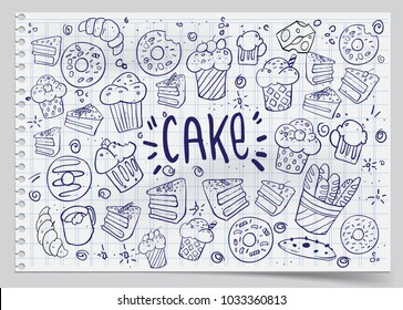 Set of drawings on the theme cakes. Cakes, pies, bread, biscuits and other confectionery products. vector illustration