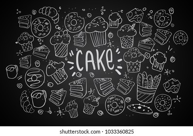 Conjunto de dibujos sobre los pasteles temáticos. Pasteles, pasteles, pan, galletas y otros productos de pastelería. ilustración vectorial