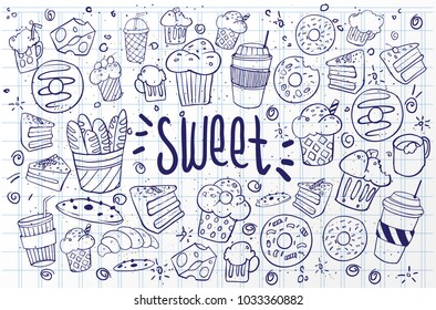 Set of drawings on the theme cakes. Cakes, pies, bread, biscuits and other confectionery products. vector illustration