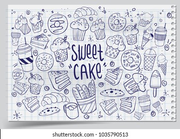 Set of drawings on the theme cakes. Cakes, pies, bread, biscuits and other confectionery products. vector illustration
