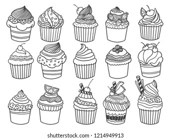 Set of drawings on the theme cakes. Cakes, pies, bread, Desserts, sweets, ice cream, muffin and other confectionery products. vector illustration