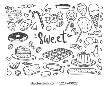 Set of drawings on the theme cakes. Cakes, pies, bread, biscuits, candy and other confectionery products. vector illustration