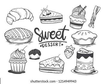 Set of drawings on the theme cakes. Cakes, pies, bread, biscuits, candy and other confectionery products. vector illustration