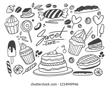 Set of drawings on the theme cakes. Cakes, pies, bread, biscuits, candy and other confectionery products. vector illustration