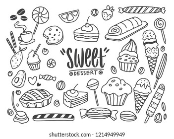 Set of drawings on the theme cakes. Cakes, pies, bread, biscuits, candy and other confectionery products. vector illustration
