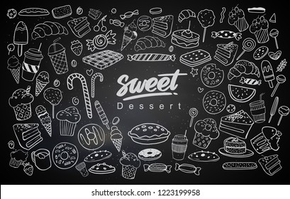 Set of drawings on the theme cakes. Cakes, pies, bread, biscuits and other confectionery products. vector illustration