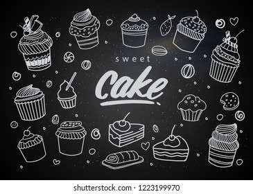 Set of drawings on the theme cakes. Cakes, pies, bread, biscuits and other confectionery products. vector illustration