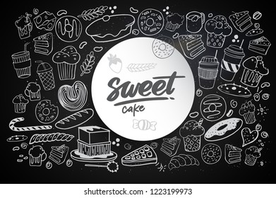 Set of drawings on the theme cakes. Cakes, pies, bread, biscuits and other confectionery products. vector illustration
