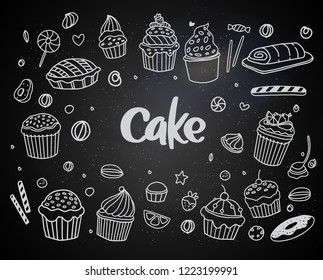 Set of drawings on the theme cakes. Cakes, pies, bread, biscuits and other confectionery products. vector illustration