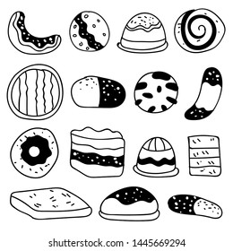Set of drawings on the theme cakes. Cakes, pies, bread, biscuits and other confectionery products. vector illustration