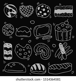 Set of drawings on the theme cakes. Cakes, pies, bread, biscuits and other confectionery products. vector illustration