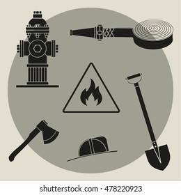 Set of drawings on the theme of fire service. Black silhouettes on a white background. Without stroke. Vector Illustration