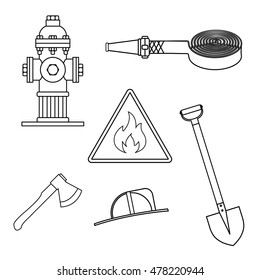 Set of drawings on the theme of fire service. Black contours on a white background. Only the stroke objects. Vector Illustration