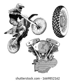 A set of drawings on the theme of a motorcycle. Motorcyclist on a sports bike in a jump, wheel with spokes, engine.