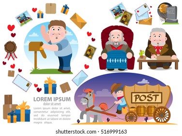 Set of drawings on the theme of old mail. Express delivery of letters, parcels and gifts.