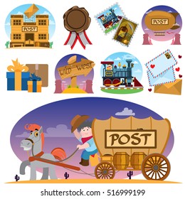 Set of drawings on the theme of old mail. Express delivery of letters, parcels and gifts.