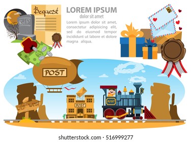 Set of drawings on the theme of old mail. Express delivery of letters, parcels and gifts.