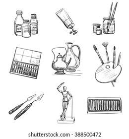 A set of drawings on the theme of visual arts education . Artistic materials and tools on a white background
