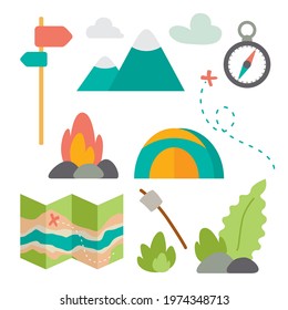 A set of drawings on the topic of travel, camping, hiking in nature.