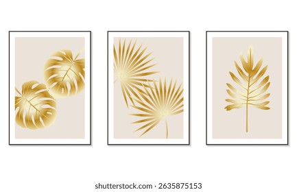 A set of drawings on the wall in a botanical style. Golden tropical foliage.  Abstract floral design for framed wall prints, canvas prints, posters, home decor, covers, wallpaper.