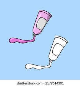A set of drawings, an open tube with pink oil paint, acrylic paint, watercolor. Vector illustration in cartoon style on a colored background