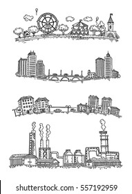 Set Of Drawings Of Panoramas Of The City, Amusement Park, Street With The Bridge, With The Pipes Of The Plant, Vector Illustration, Hand Drawing, Sketch