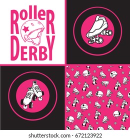 Set of drawings and patterns on the theme of roller derby and roller skating with roller skates, quads, helmet on pink background