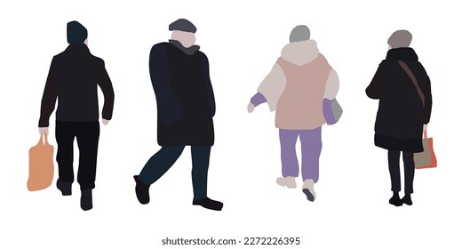 Set of drawings of people on the street in winter clothes. 2D image for use as an entourage. Vector flat city infographics.