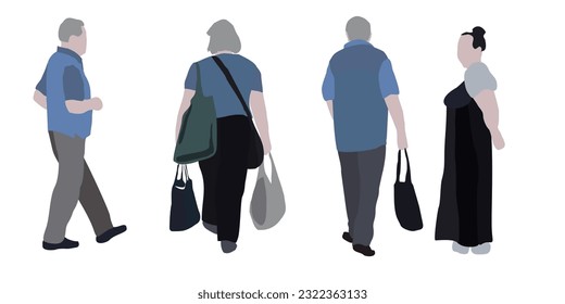 Set of drawings of people on the street in summer clothes. 2D image for use as an entourage. Vector flat city infographics.
