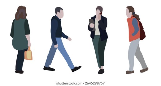 Set of drawings of people on the street in spring clothes. 2D image for use as an entourage. Vector flat city infographics	
