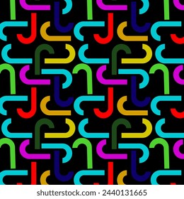 Conjunto de dibujos de figuras geométricas en forma de gancho de colores primitivos. Patrón sin fisuras sobre un fondo negro. Colección creativa de arte abstracto para niños o diseño navideño. Dibujo en tela, fondo
