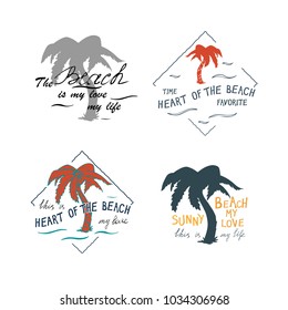 A set of drawings for printing on t-shirts. Handmade palms trees retro style. Design fashion apparel on light background. T shirt graphic vintage vector illustration badge label logo template. 