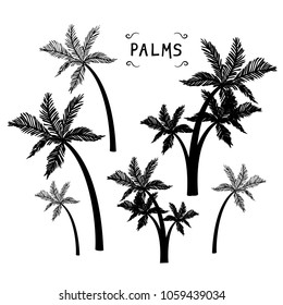 A set of drawings for printing on t-shirts. Handmade palms trees retro style. Design fashion apparel on light background. T shirt graphic vintage vector illustration label logo template. 