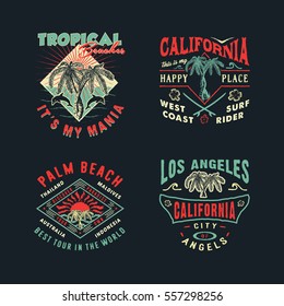 A SET OF DRAWINGS FOR PRINTING ON T-SHIRTS. Handmade Palms trees retro style. Design fashion apparel on dark background. T shirt graphic vintage vector illustration badge label logo template.