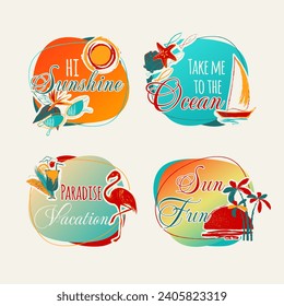 Set of drawings for recreation at sea. Sea, cocktail, flamingo, palm trees, tropical flowers, shells. Template for tropical paradise vacation advertising.