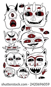 A set of drawings of scary faces with horns and red eyes