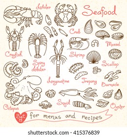 Set drawings of seafood for design menus, recipes, packaging and advertising. Shrimp, crab, mussels, squid, octopus, lobster, crayfish, scallops, sea cucumbers, oysters, langoustine, barnacle