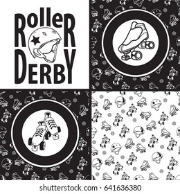 Set of drawings and seamless patterns on the theme of roller derby and roller skating with roller skates, quads, helmet