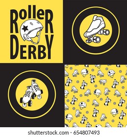 Set of drawings and seamless patterns on the theme of roller derby and roller skating with roller skates, quads, helmet on yellow background