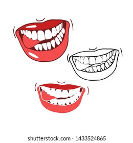 A set of drawings seductive sexy lips, dazzling smile, color image in vector