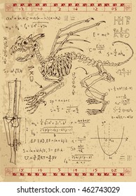 Set of drawings with skeleton of fantasy monster, mechanical leg and mystic symbols on textured background