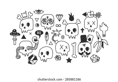 A set of drawings of skulls. Painted in primitive style on a white background.