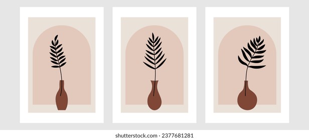 A set of drawings in the style of boho, an arch, against which a vase with tropical leaves. Botanical art of Italy. For postcard or brochure cover design. Hand drawn vector design elements.	