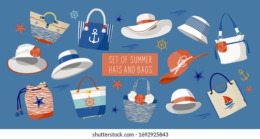 A set of drawings of summer bags and women's hats in a marine theme. Vector flat illustrations.