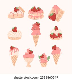 Set of drawings of sweets with strawberries. Cheesecake, cake, pancakes, ice cream, waffle. Flat vector illustration.