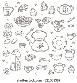Set drawings of tea kettle, cup and sweet pastry . Vector doodle Illustration. White background.