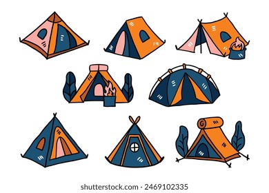 A set of drawings of tents with a tree in the middle. The tents are all different sizes and shapes