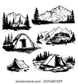 A set of drawings of tents and a van in the mountains. The mood images is peaceful and serene