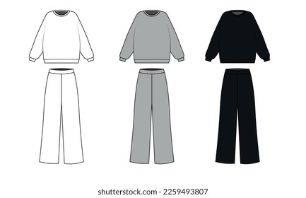 Set of drawings of a tracksuit in white gray and black colors, vector. Sweatshirt with a round neck and wide trousers painted on a white background. Pajama sketch consisting of a jacket and wide pants