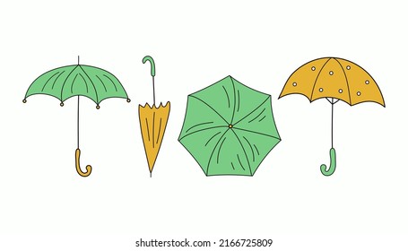 Set of drawings of umbrellas in doodle style. Vector icons, illustration.